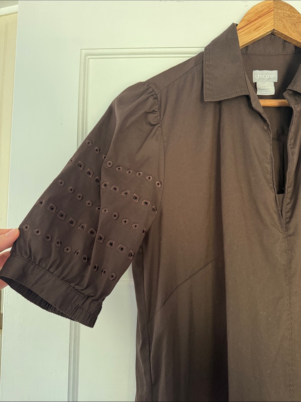 Chico's Brown Maxi Shirt Dress with Eyelet Short Sleeves - Picture 3 of 5